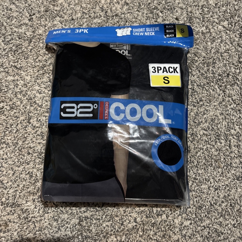 32 DEGREES COOL Short Sleeve Crew Neck Shirt Mens Small Black 3-Pack New